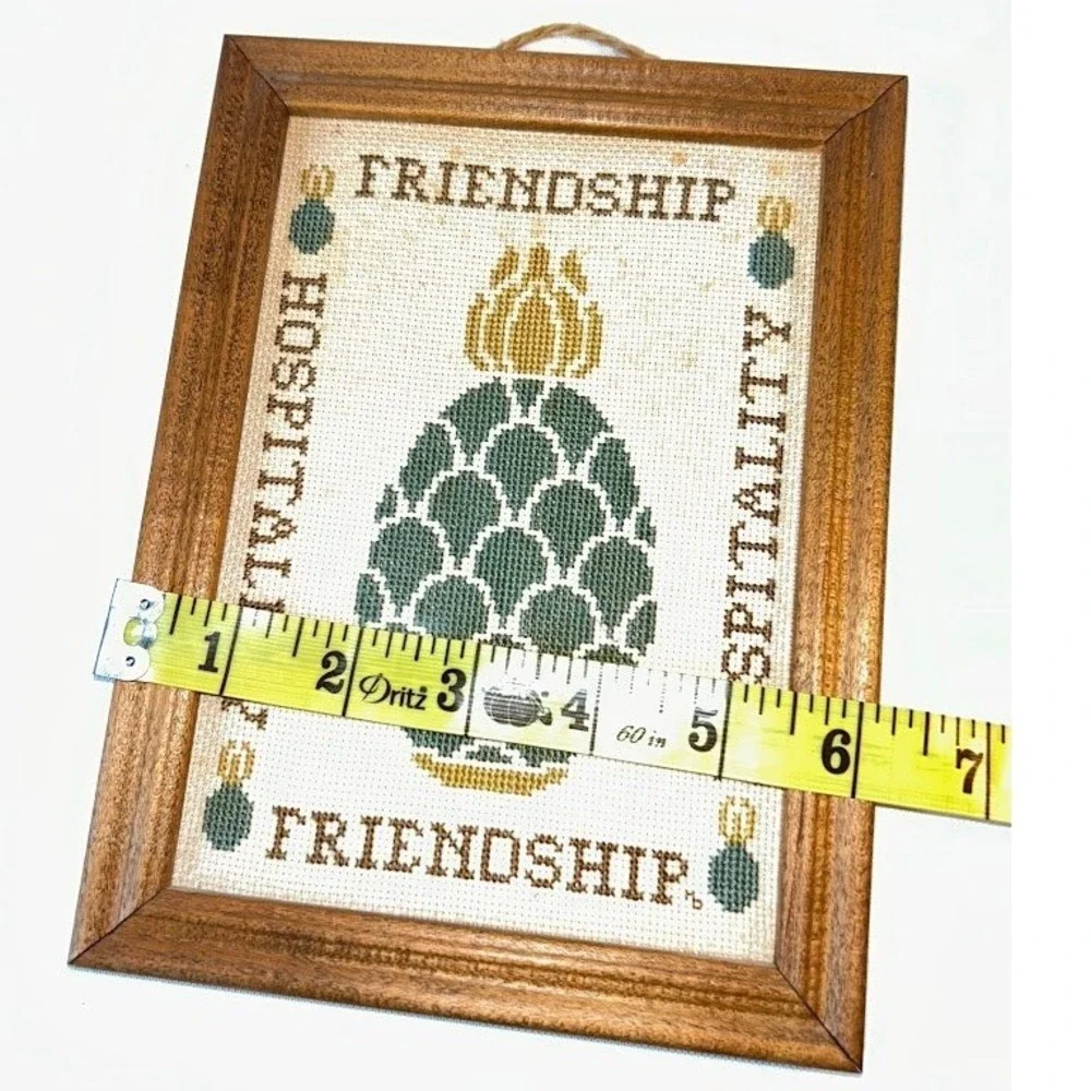 Vintage 1983 Pineapple Cross Stitch Framed Art Friendship Hospitality 8.5x6.5